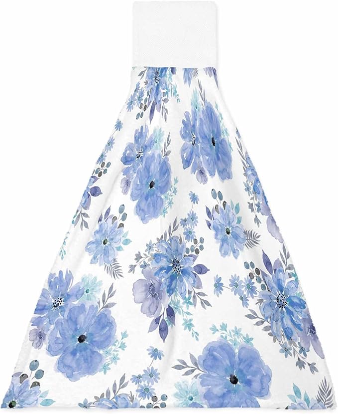 Alandar Home Kitchen Tie Towel Set of 1, Watercolor Spring Flowers Absorbent Soft Hand Towels for Bathroom Hanging Towels, Purple Floral Art Fast Drying Cleaning Cloth with Loop