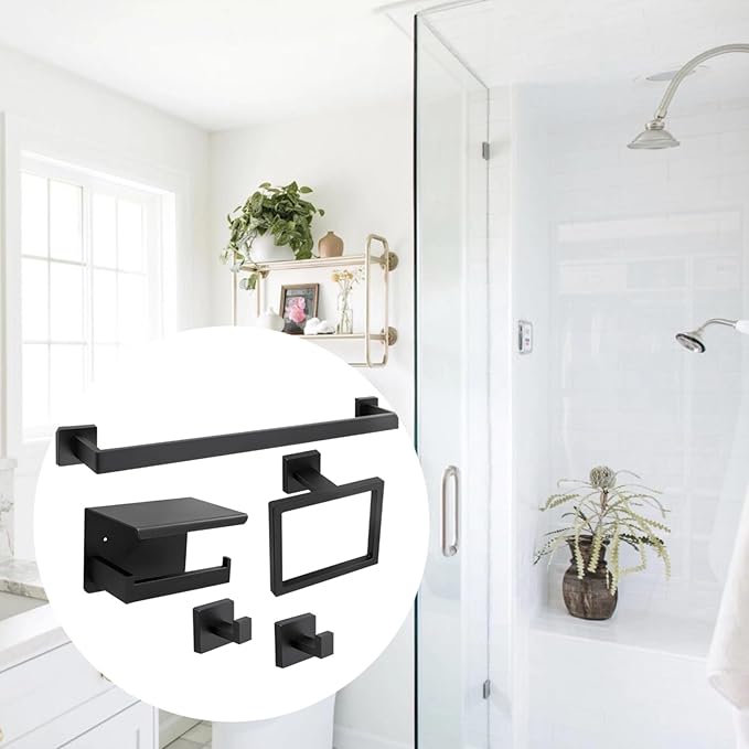 Bath Fixtures, Steel, 5-Piece, Includes Paper Holder, Bar, Ring, Hook, Black Matte Finish, Contemporary, Easy To Mount, Stainless Steel Storage