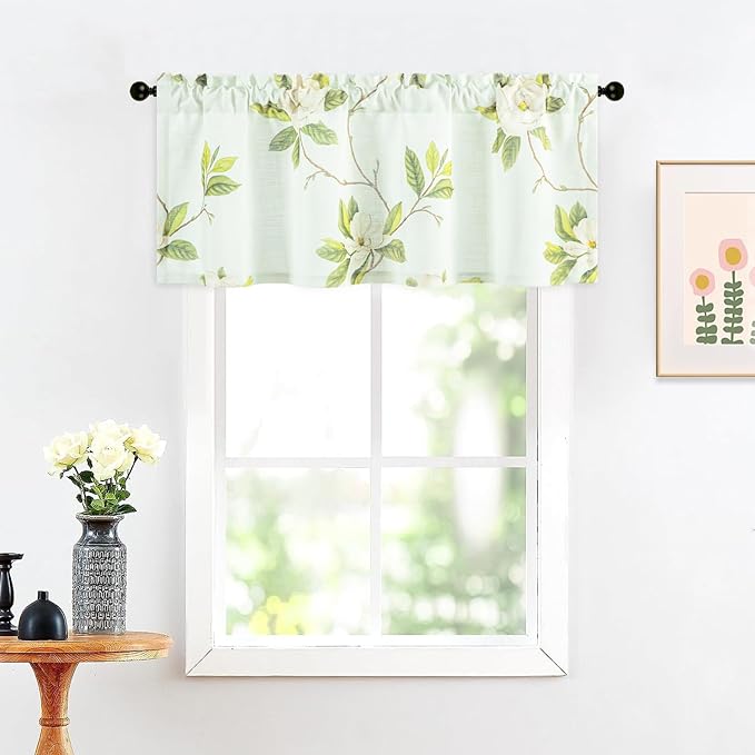 Leeva Blue Farmhouse Window Valance - Whimsical Floral Design with Linen Textured Fabric, Decorative Rod Pocket Curtain Valance for Living Room Kitchen Bathroom & Basement, 52x18 Inches