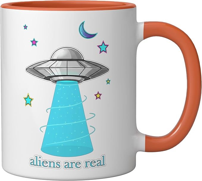 Aliens Are Real Retro UFO Flying Saucer Beam Space Ceramic Mug, Orange/White