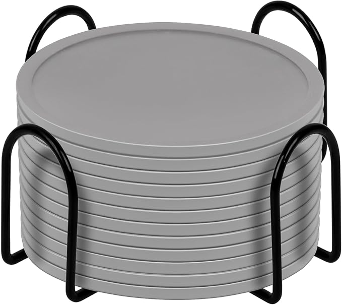 Silicone Coasters Set of 12 with Holder,Heat Resistant Cup Mat Tabletop Protection,Coasters Set for Outdoor & Indoor Drinks - Anti Stain & Heat Resistant, Washable, Heat Resistant, Non-Slip(Grey)