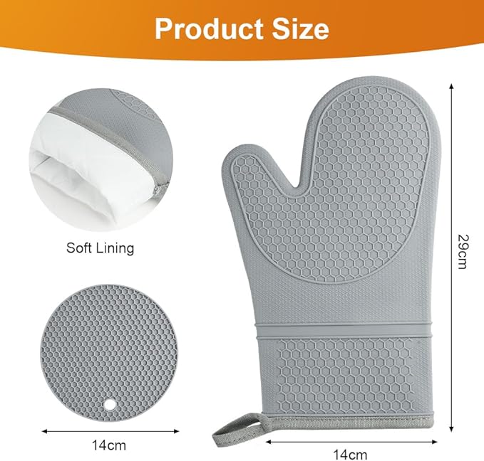 AUAUY Oven Mitts with 2 Potholders, Silicone Oven Gloves Heat Resistant 464°F, Non-Slip Silicone BBQ Gloves, Waterproof Cooking Gloves, Oven Gloves for Barbecue Kitchen Baking Microwave, Grey