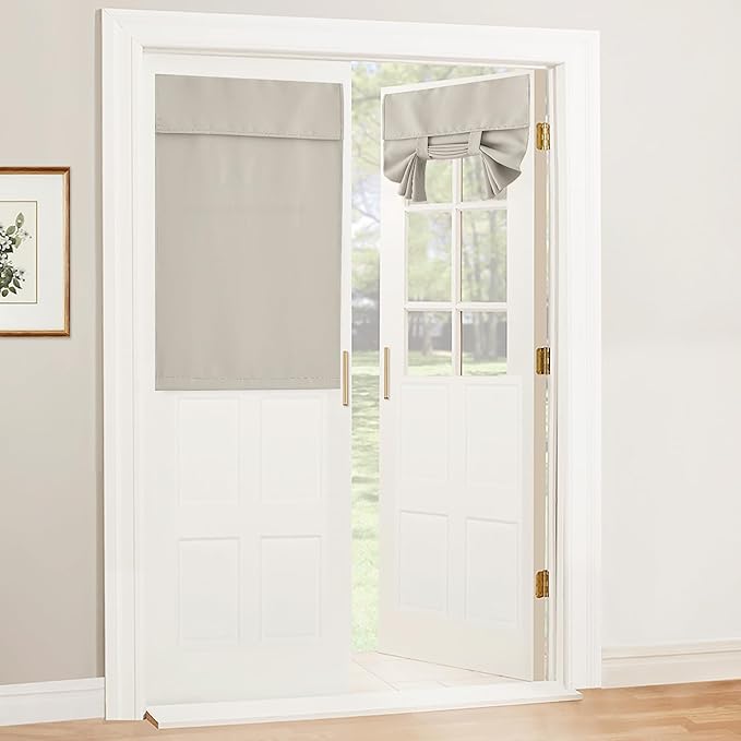 RYB HOME French Door Curtain - Privacy Blackout Tricia Door Window Tie up Shades for Kitchen Cabinet Dining Nursery Bathroom Glass Door Covering, W 34 x L 40 inches, Natural, 1 Panel
