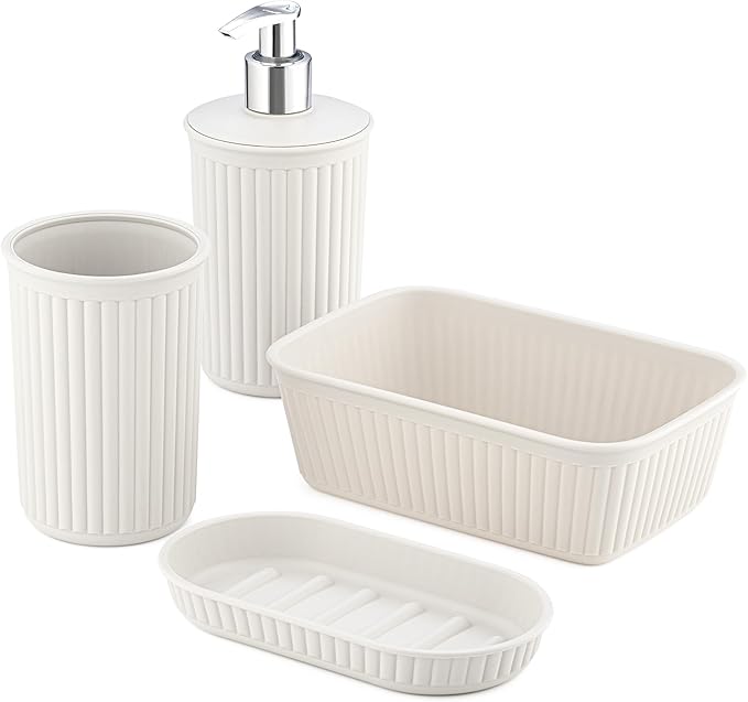 Decorative Plastic Bathroom Accessories Set, White Smoke (Set of 4) Soap Dish, Liquid Dispenser, Toothbrush Holder Cup, Vanity Organizer Tray - Bath Accessory Countertop Decor Gift - Ribbed Design