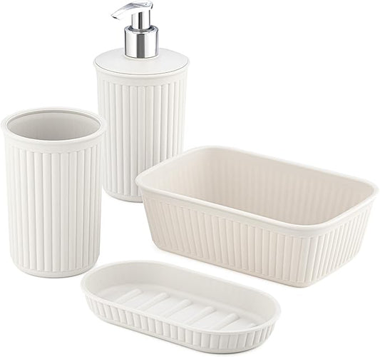 Decorative Plastic Bathroom Accessories Set, White Smoke (Set of 4) Soap Dish, Liquid Dispenser, Toothbrush Holder Cup, Vanity Organizer Tray - Bath Accessory Countertop Decor Gift - Ribbed Design