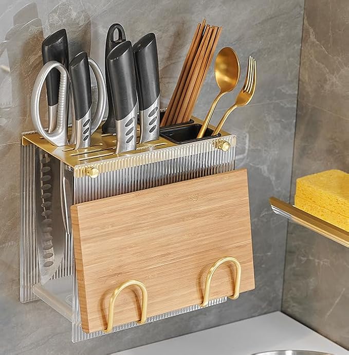 Kitchen Shelf, Chopsticks, Knife Storage Rack, Wall-Mounted Cutting Board Shelf, A Type - Brushed Gold [Knife Holder + Chopstick cage + Cutting Board]