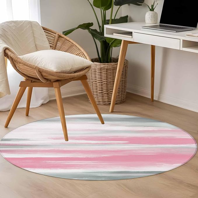 Washable Round Area Rug Pink Grey Mottled Texture Seamless Circle Rugs Floor Carpet for Living Room Bedroom, Gradient Abstract Art Soft Non Slip Round Rug 3ft