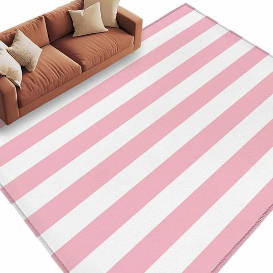 Area Rug 6x9ft, Pink White Stripe Washable Rugs for Living Room Bedroom, Classic Geometric Line Soft Non-Slip Area Rugs Rectangle Floor Carpet for Dining Room