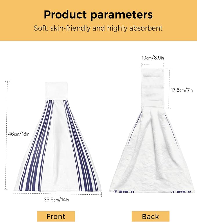 Alandar Home Kitchen Tie Towel Set of 2, Navy Blue Vertical Stripes Absorbent Soft Hand Towels for Bathroom Hanging Towels, Nautical Lines Art Fast Drying Cleaning Cloth with Loop