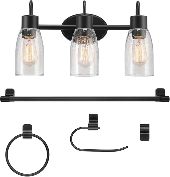 Globe Electric 63000205 5-Piece All-in-One Bathroom Accessory Set with 19" 3-Light Vanity Light, Matte Black, Seeded Glass Shades, Towel Bar, Robe Hook, Toilet Paper Holder, Towel Ring, Powder Room