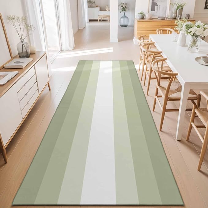 Runner Rug for Bedroom Hallway, Modern Sage Green Gradient Style Kitchen Runner Rugs Area Rug 2x6ft, Farmhouse Ombre Stripe Washable Soft Floor Carpet for Entryway Stair