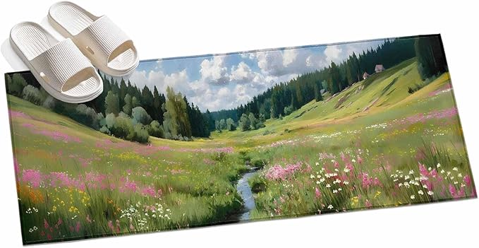 Runner Rug for Bedroom Hallway, Watercolor Flowers Leaves Forest Meadow Kitchen Runner Rugs Area Rug 2x6ft, Oil Paint Texture Washable Soft Floor Carpet for Entryway Stair