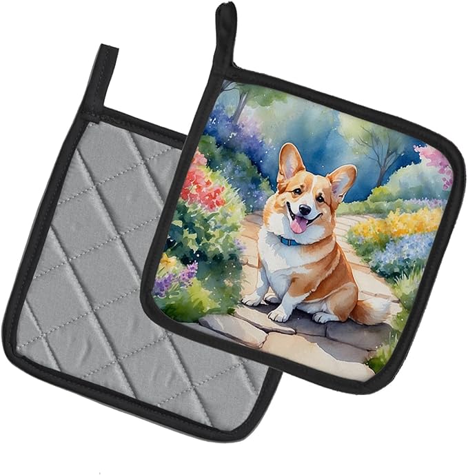 Caroline's Treasures Corgi Spring Path Pair of Pot Holders Kitchen Heat Resistant Pot Holders Sets Oven Hot Pads for Cooking Baking BBQ, 7 1/2 x 7 1/2