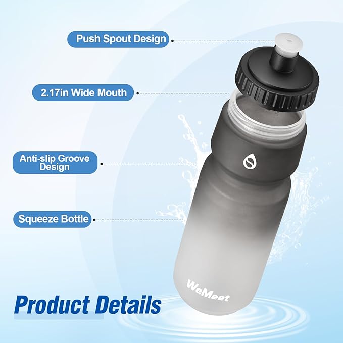 WEMEET 32oz Bike Sport Water Bottle, BPA Free, 2-Pack Leak Proof Cycling Squeeze Water Bottle with Capacity Scale, for Mountain Biking, Camping, Gym (Black & Black White)