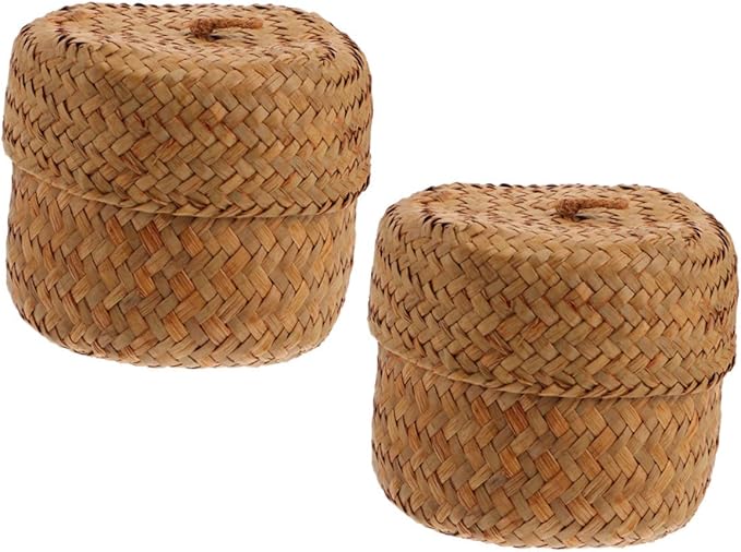 4pcs Hand Woven Seagrass Storage Baskets Lid Rustic Decorative Bins for Organizing Home Kitchen Party Supplies Lightweight Reusable Miniature Containers Yellow