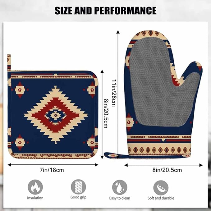Mxocom Southwest Diamond Blue Red Heat-Resistant Oven Mitts and Pot Holder Indian Style on Blue and Red Background Kitchen Non-Slip Cooking Microwave Gloves for Cooking Baking Grilling