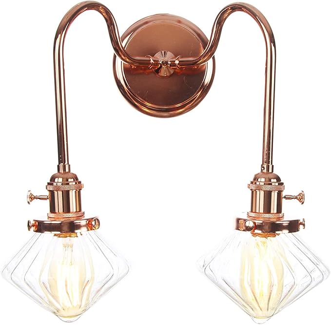 Wall Lamps with Switch, 2-Lights Rose Gold Bathroom Vanity Lights Wall Mounted Lighting Clear Glass Lampshade Wall Sconces(Color:C)