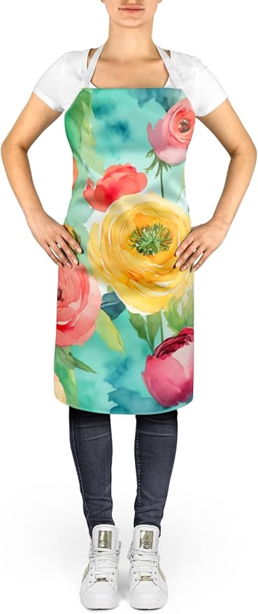 Caroline's Treasures Ranunculus in Watercolor Apron Cooking Kitchen Server Baking Crafts Gardening for Adult Women Men, Unisex, Large, Multicolor