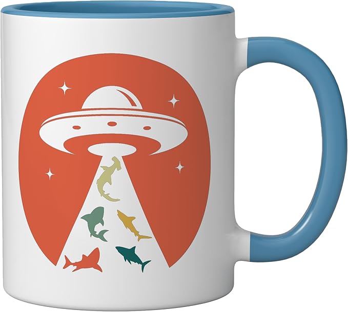 Funny UFO shark lover humor UFO lover flying saucer Ceramic Mug, Blue/White