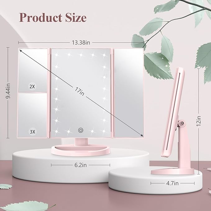 HUONUL Makeup Mirror, Vanity Mirror with Lights, 2X/3X/10X Magnification, Touch Control, Trifold Mirror, Dual Power Supply, Mothers Day for Mom Gifts,Gifts for Women, Wife, Mom, Teengirls