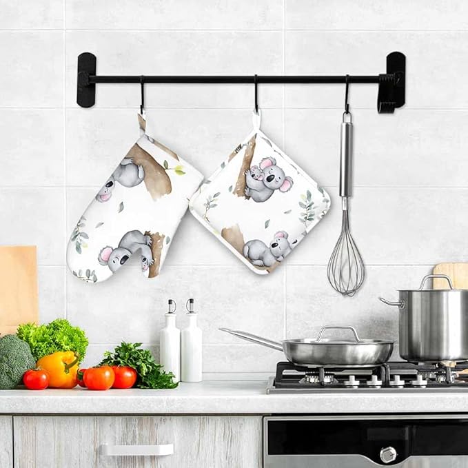 Mxocom Cute Koalas Oven Mitts and Pot Holders Sets Kawaii Baby Koala Mom Koala Tropical Leaves Silicone Heat Resistant Kitchen Oven Gloves Pot Holder for Cooking