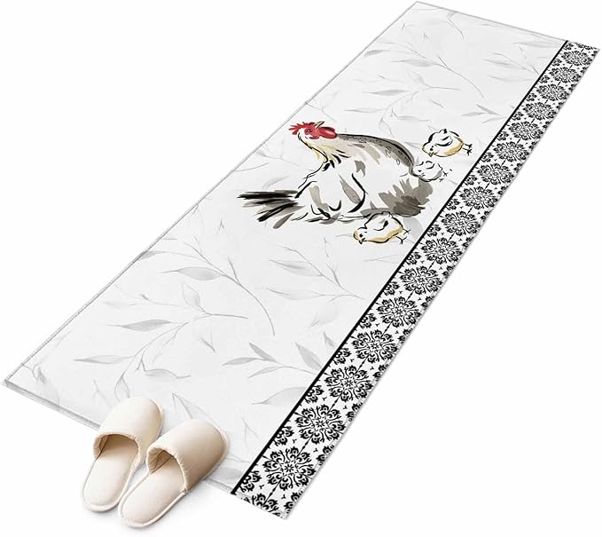 Runner Rug for Bedroom Hallway, Country Farmhouse Rooster Kitchen Runner Rugs Area Rug 2x6ft, Watercolor Animal Flower Pattern Washable Soft Floor Carpet for Entryway Stair