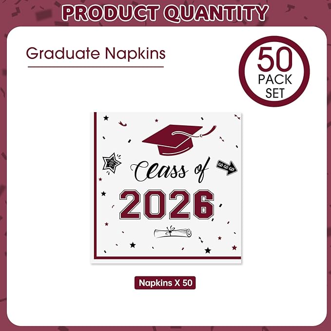 50 Pcs Graduation Napkins Decorations - Maroon Class of 2026 Congrats GRAD 3-Ply Paper Cocktail Dinner Napkins Set for 2026 Graduation Party Supplies Table Decor Favors, 6.5 x 6.5 Inch