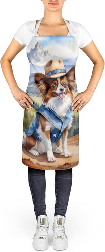 Caroline's Treasures Papillon Cowboy Welcome Apron Cooking Kitchen Server Baking Crafts Gardening for Adult Women Men, Unisex, Large, Multicolor