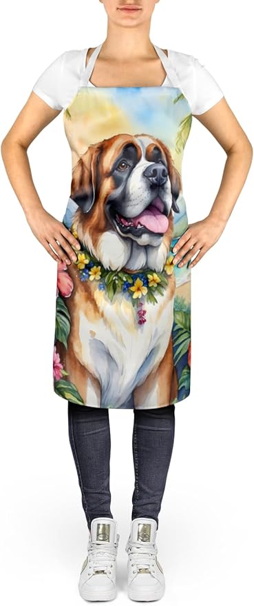 Caroline's Treasures Saint Bernard Luau Apron Cooking Kitchen Server Baking Crafts Gardening for Adult Women Men, Unisex, Large, Multicolor