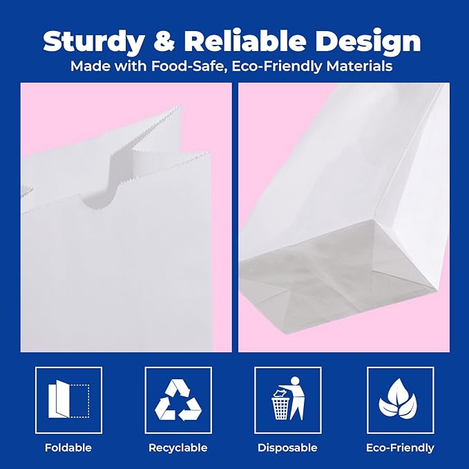 Fit Meal Prep 500 Pack 6 lb White Paper Lunch Bags, 11 x 6 x 3.5" Premium White Paper Bags Bulk for Small Business, Recyclable Snack Sacks, Durable Grocery Bag for Food Storage, Packing
