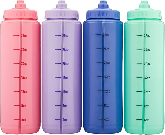 Hydra Cup Sport 4 Pack 32 oz Squeeze Water Bottles, Sports Water Bottle Pack with Fast Flow Valve, BPA-Free Squirt Water Bottles (Bright Colors)