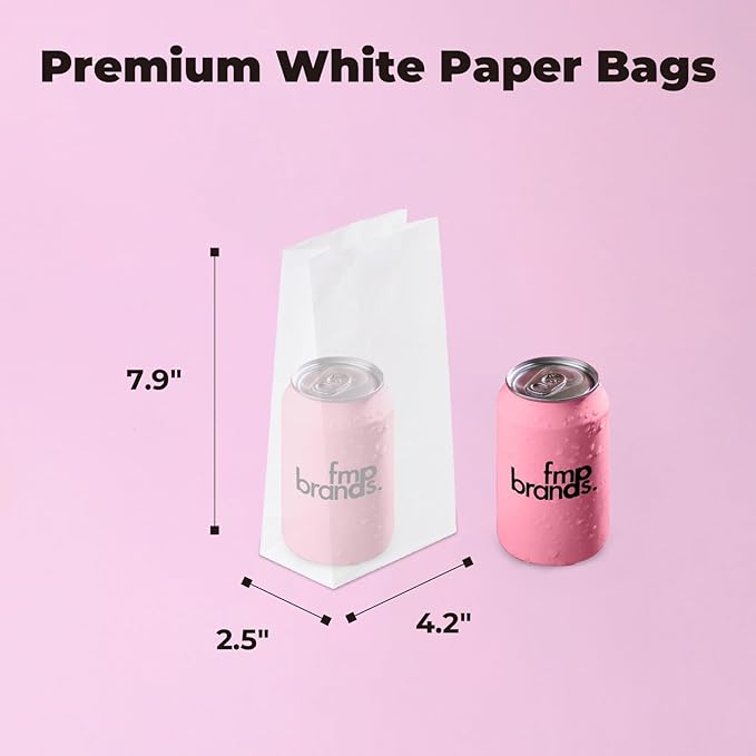 Fit Meal Prep 500 Pack 2 lb White Paper Lunch Bags, 7.88 x 4.13 x 2.5 Premium White Paper Bags Bulk for Small Business, Recyclable Snack Sacks, Durable Small Grocery Bag for Food Storage