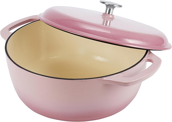 Amazon Basics Enameled Cast Iron Dutch Oven Pot with Lid, Round, Dual Handles, Heavy-Duty, Oven Safe for Stews, Roasting, Baking, 6-Quart, Light Pink