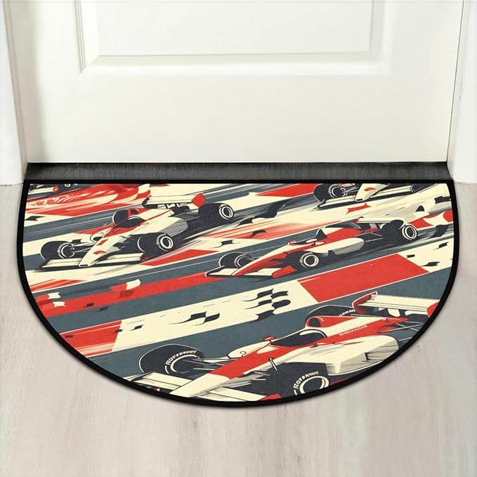 Race Cars Half-Round Door Mat | Indoor Entrance Half-Moon Rug | Low-Pile | Area Rug, Non-Slip, Absorbent Semi-Circle Welcome Mats for Kitchen, Patio, and Home Decor | 36x24 Inches