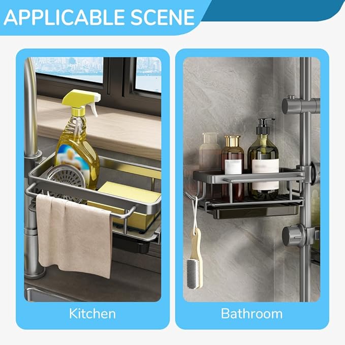Kitchen Sink Faucet Organizer, 2024 Upgraded Dish Sponge Holder Over Faucet Kitchen Sink Caddy Organizer with Hook for Bathroom, Scrubbers, Soap, Work With 0.7-1.1inch Round Water Pipe (Gray, Right)