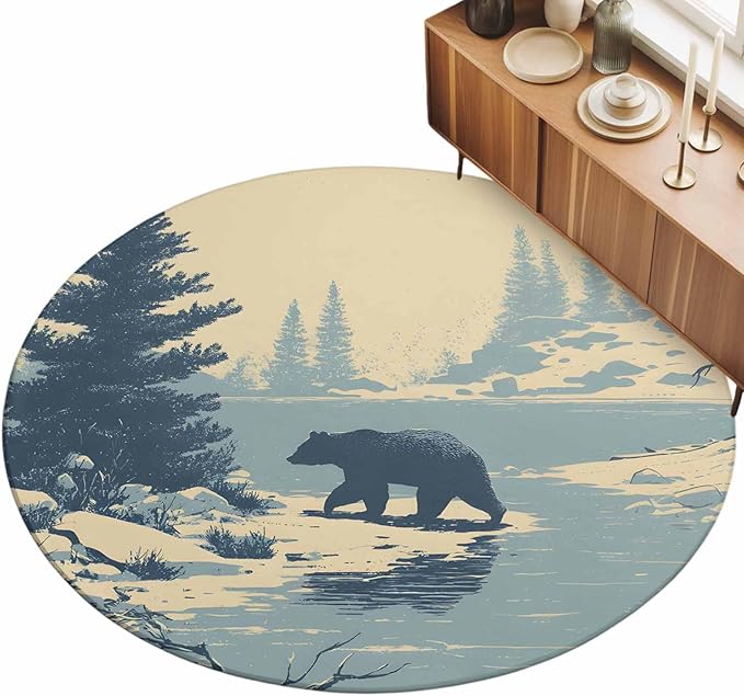 Washable Round Area Rug Winter Bear Evergreen Trees Circle Rugs Floor Carpet for Living Room Bedroom, Rustic Snow River Soft Non Slip Round Rug 5ft