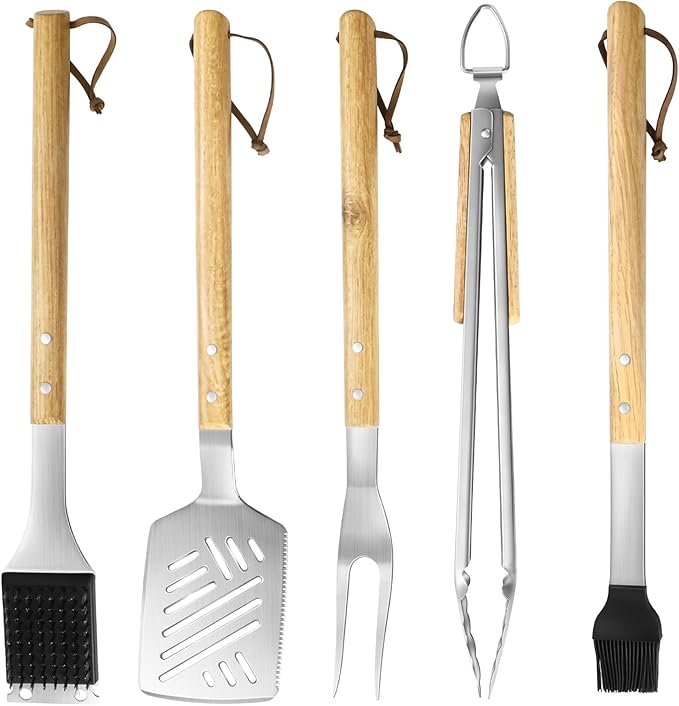 5 pcs Heavy-Duty Wooden BBQ Grilling Tools Set, Extra Thick Stainless Steel Multi-Functional Spatula, Fork, Tong, Oiling Brush & Cleaning Brush - an Excellent Barbecue Gift for Men