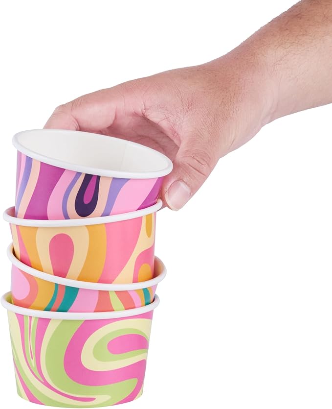 Restaurantware Paper Cups 200 Count 8 Ounce Square Disposable Ice Cream Containers, Leak-Resistant Paper Dessert To Go Cups, Hot And Cold Food, Durable Assorted Groove Swirl Design