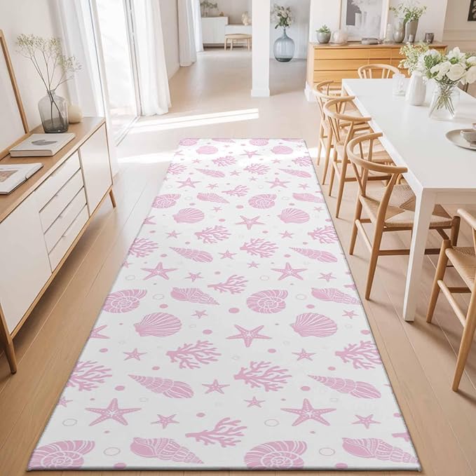 Runner Rug for Bedroom Hallway, Pink Ocean Shell Conch Coral Starfish Kitchen Runner Rugs Area Rug 2x6ft, Summer Marine Theme Washable Soft Floor Carpet for Entryway Stair