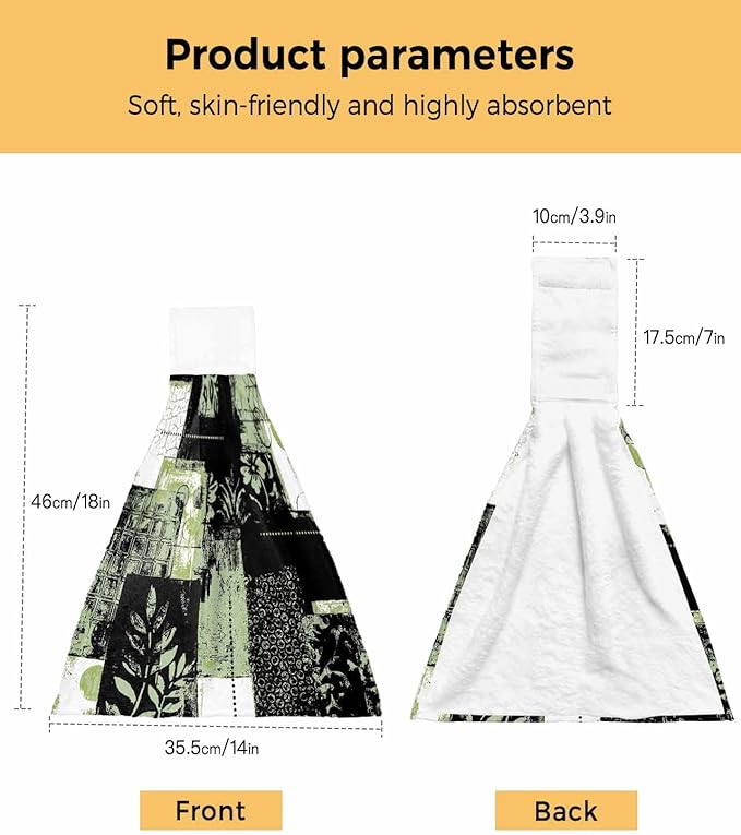 Alandar Home Kitchen Tie Towel Set of 1, Boho Abstract Geometric Texture Absorbent Soft Hand Towels for Bathroom Hanging Towels, Summer Leaves Black Green Fast Drying Cleaning Cloth with Loop