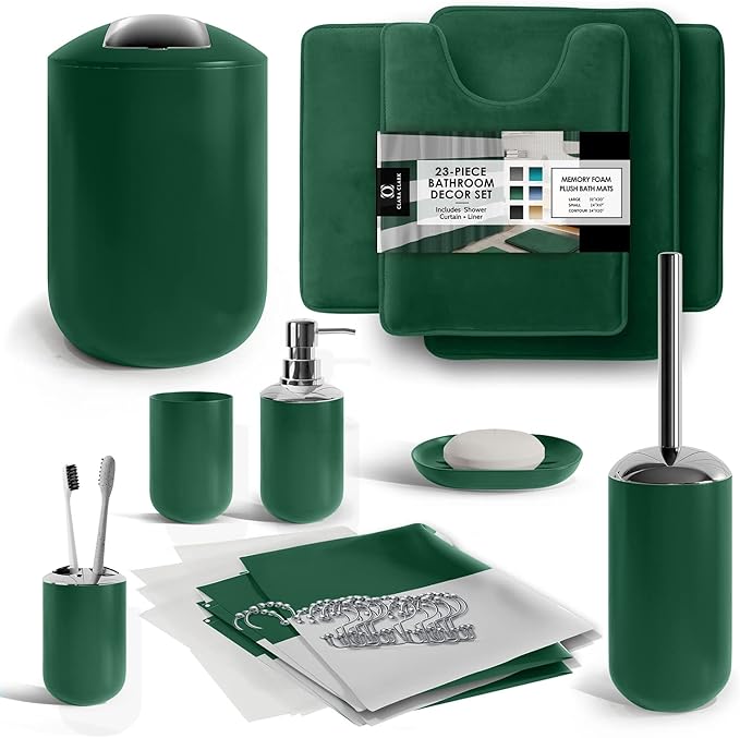Clara Clark Bathroom Set - Green Bathroom Accessories Set, Bathroom Sets with Shower Curtain and Rugs, 23PC Shower Curtain Set with Liner, Soap Dispenser, Soap Dish, Toilet Brush Holder, and Trash Can