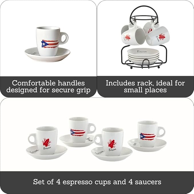 IMUSA 8pc 3oz Boricua Espresso Cups & Saucers Set w/Rack