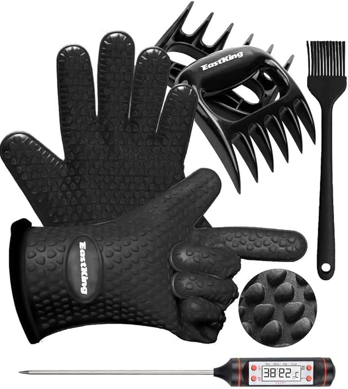 EastKing Smoker Accessories Set-Grilling Oven Gloves,BBQ Claws,Meat Thermometer and Silicone Brush BBQ Set for Cooking Barbecue Baking (Black)