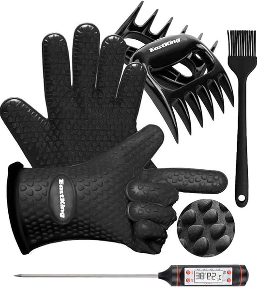 EastKing Smoker Accessories Set-Grilling Oven Gloves,BBQ Claws,Meat Thermometer and Silicone Brush BBQ Set for Cooking Barbecue Baking (Black)