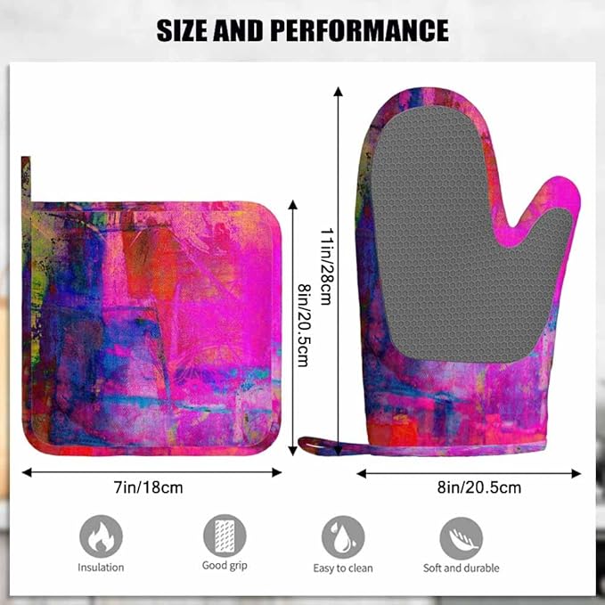 Mxocom Art Abstract Silicone Oven Mitts and Pot Holders Sets Bright Fuchsia Magenta Pink Red Yellow Green and Blue BBQ Gloves for Kitchen,Cooking,Baking,Grilling