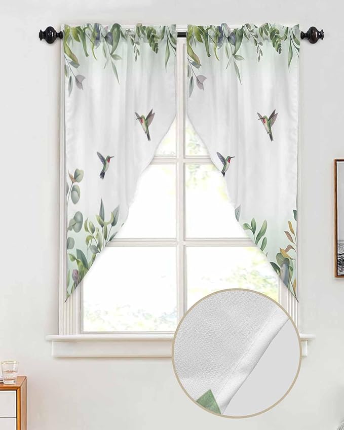 Leaf Swag Valance Curtains - Plants Leaves Green Hummingbird Watercolor Style Rod Pocket Kitchen Curtains Scalloped Window Treatment Valances Swag for Living Room, 1 Pair, 28" W x 36" L