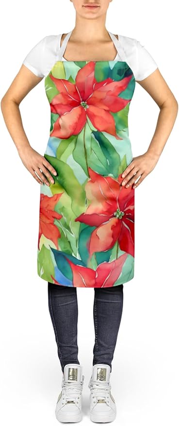 Caroline's Treasures Poinsettias in Watercolor Apron Cooking Kitchen Server Baking Crafts Gardening for Adult Women Men, Unisex, Large, Multicolor