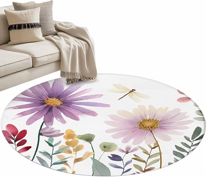 Washable Round Area Rug Country Field Purple Flowers Circle Rugs Floor Carpet for Living Room Bedroom, Farm Floral Art Soft Non Slip Round Rug 4ft