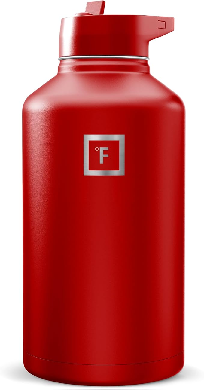 IRON °FLASK Camping & Hiking Hydration Flask with Straw, Wide Mouth Insulated Stainless Steel Sports Water Bottle - Fire Red 64 oz - Straw (1 Lid)