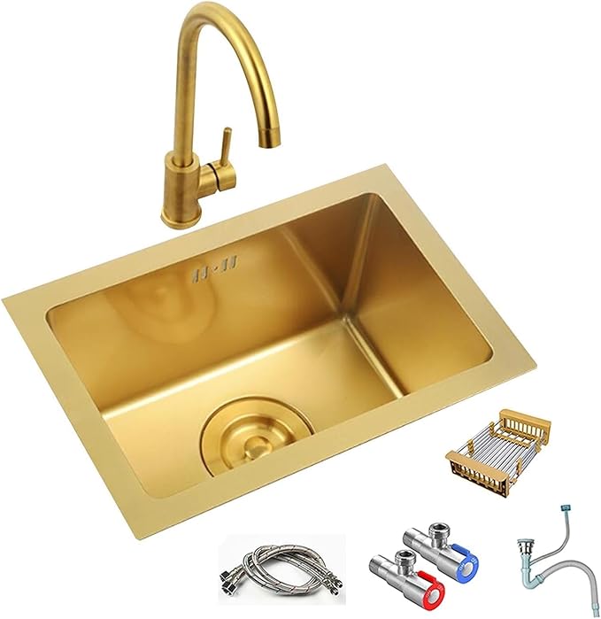 Single Bowl Space-Saving Mini Sink Compact Kitchen Sink Undermount Sink Gold Stainless Steel Restaurant Studio Sink Utility Sink for Small Areas Faucet Sink Combo (Gold 26 * 38cm)